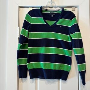 Tommy Hilfiger Women's V-Neck Sweater in Navy and Green Stripes